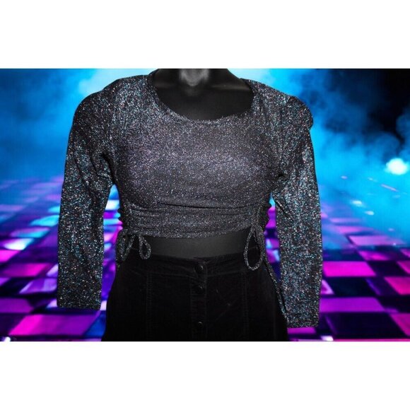 Jade Metallic Glitter Ruched Crop Top – Y2K Party Clubwear – Size L - Picture 5 of 15